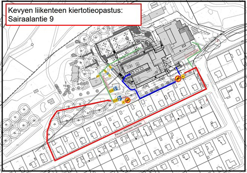 Sairaalantie 9:n kevyen liikenteen kiertotieopastus Hakastaronkadun, Kärkänkadun ja Nokankadun kautta sairaalanmäkeen.