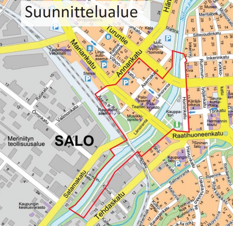 Karttakuva Salon keskustasta ulkovalaistuskyselyyn liittyvästä suunnittelualueesta.