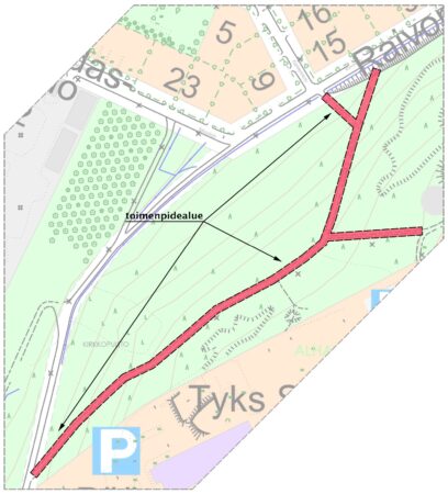 Korjaustöiden kohteena olevat Kirkkopuiston kulkuväylät kartalla.