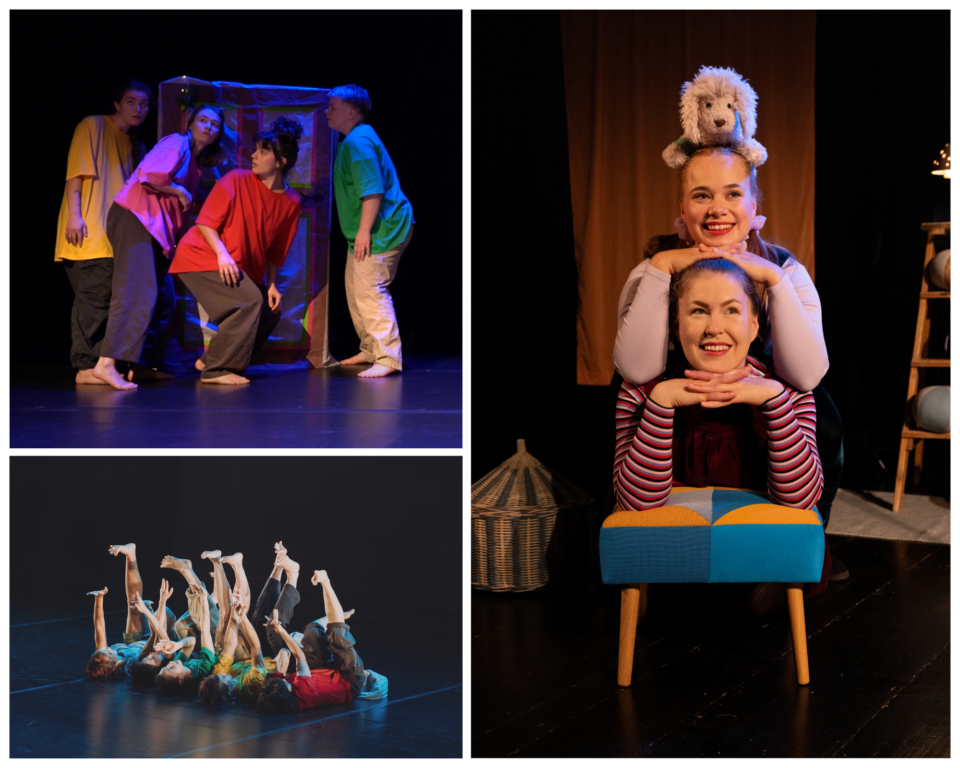 vasemmakka kaksi kuvaa Salaisuuksien ullakko -esityksestä ja oikealla Juhlapäivä-esityksen mainoskuva