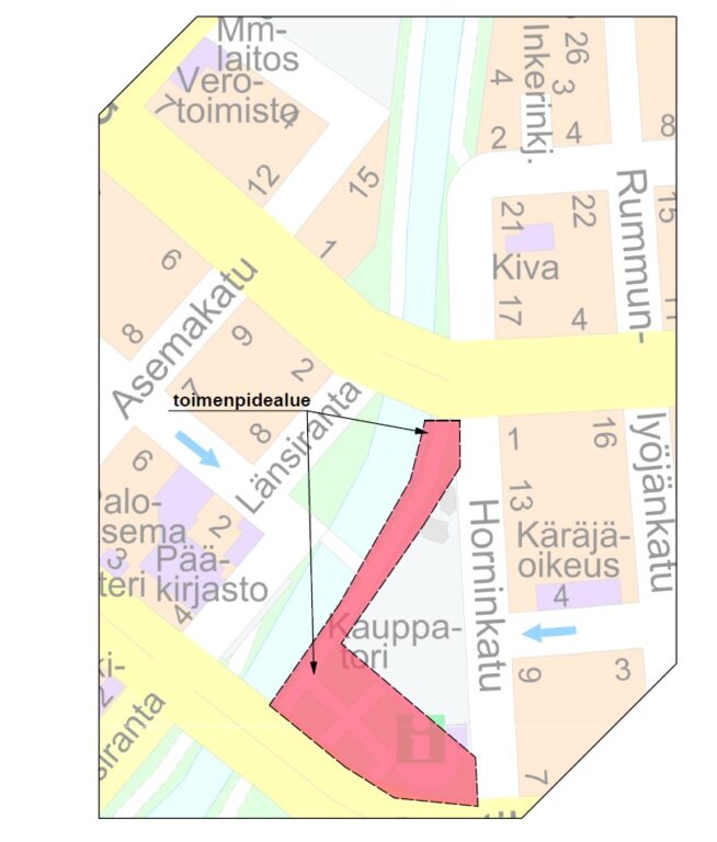 Karttakuva Salon keskustasta, joss merkittynä puiden hoitoleikkauksen toimenpidealue Horninpuistossa torin eteläpuolella sekä torin ja Salonjoen välisellä alueella.