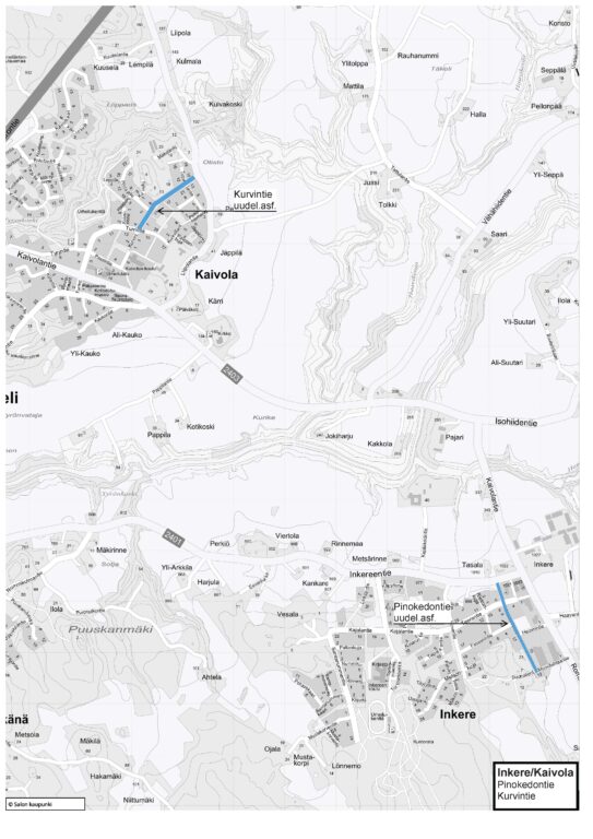 Karttakuva Inkereen ja Kaivolan päällystettävistä kaduista.