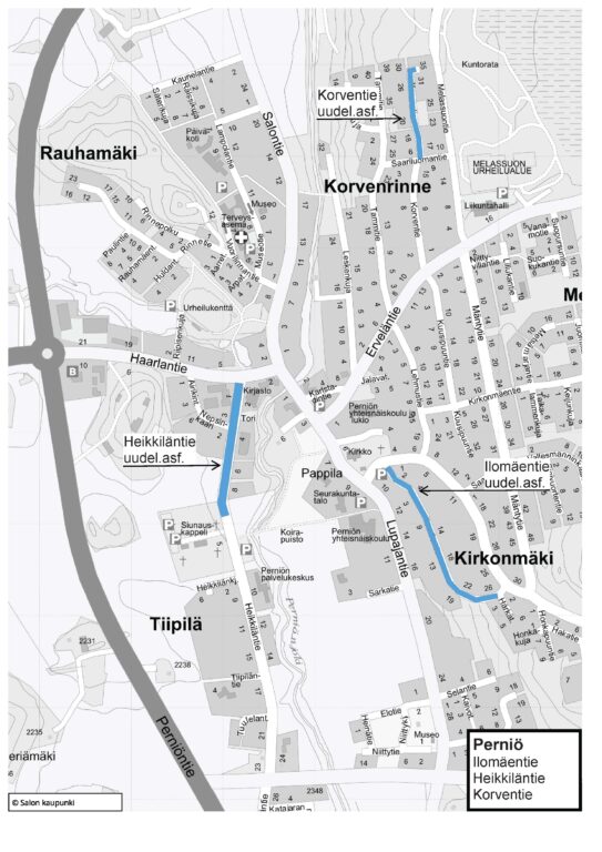Karttakuva Perniön päällystettävistä kaduista.
