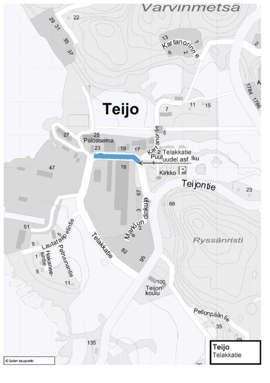 Karttakuva Teijon päällystettävistä kaduista.