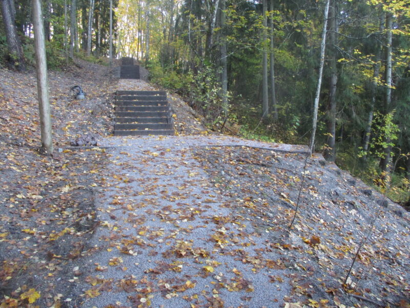 Kivituhkalla päällystetty kulkuväylä ja kiviportaita metsäisellä puistopolulla.