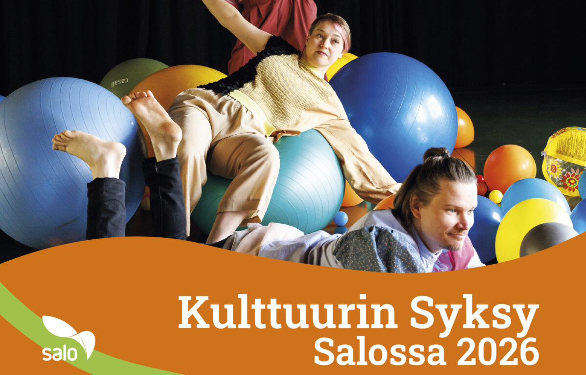 Salon kulttuuripalvelujen syysesitteen banneri, jossa oranssi palkki ja ihmisiä pallojen kanssa